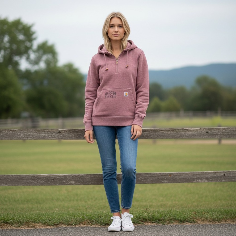 Carhartt Savik Graphic Quarter Zip Hoodie Womens Small Pink Heather Excellent
